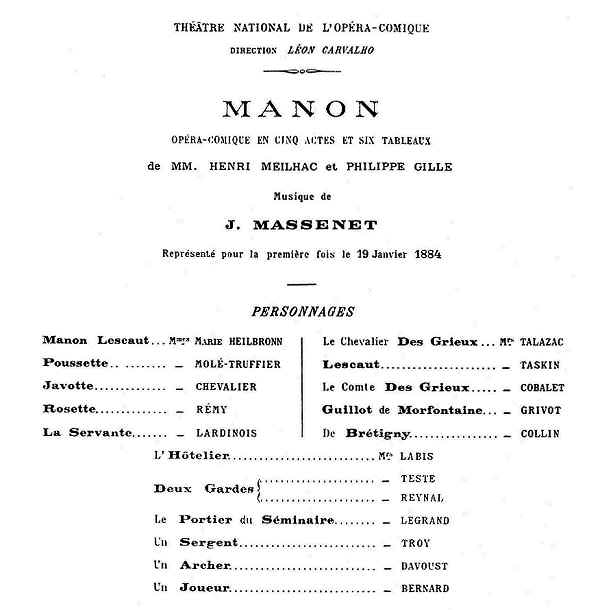 Uraufführung der Oper 'Manon', 19.01.1884